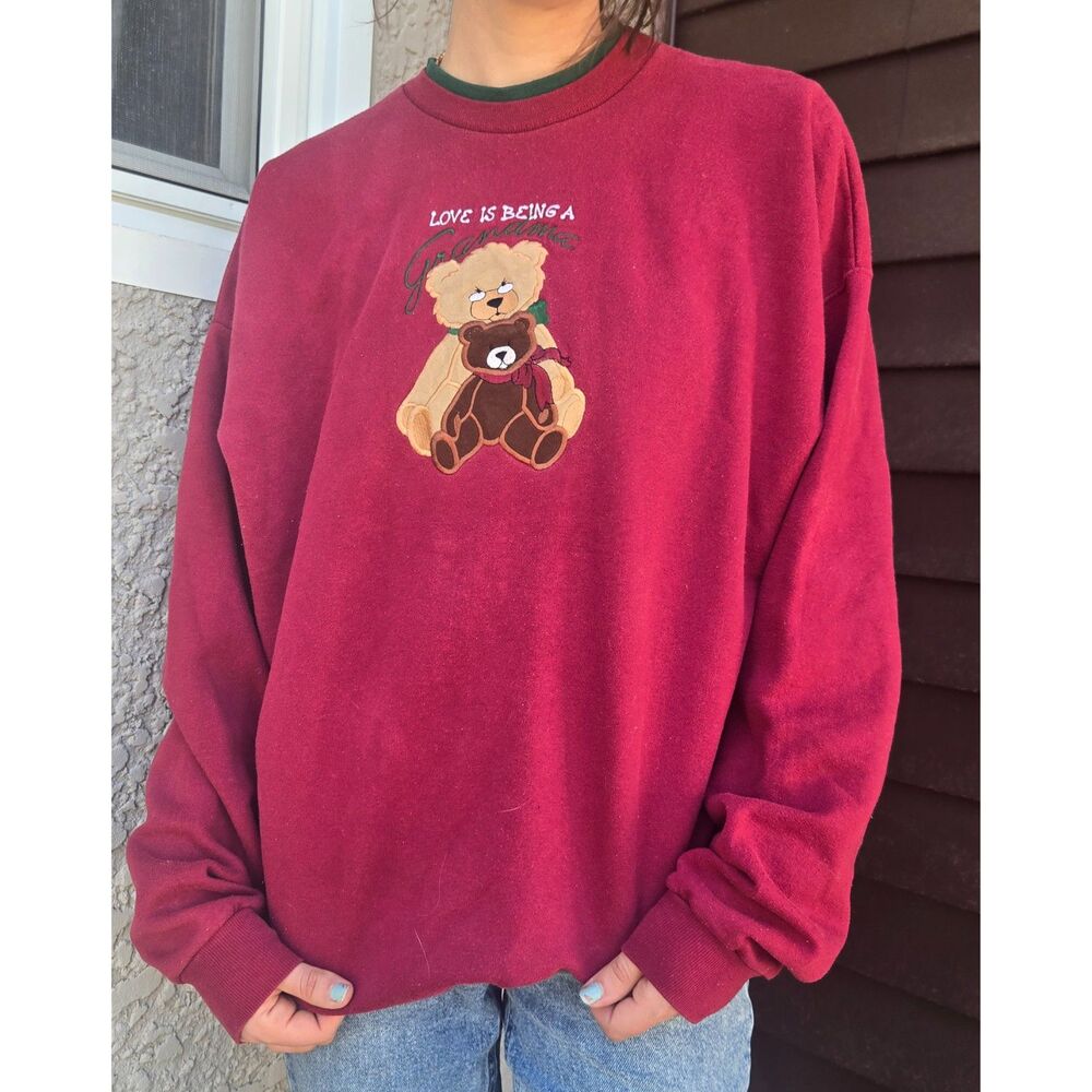 Womens Vintage 1990s Grandma Teddy Bear Cozy Fleece Lined Sweatshirt Extra Large